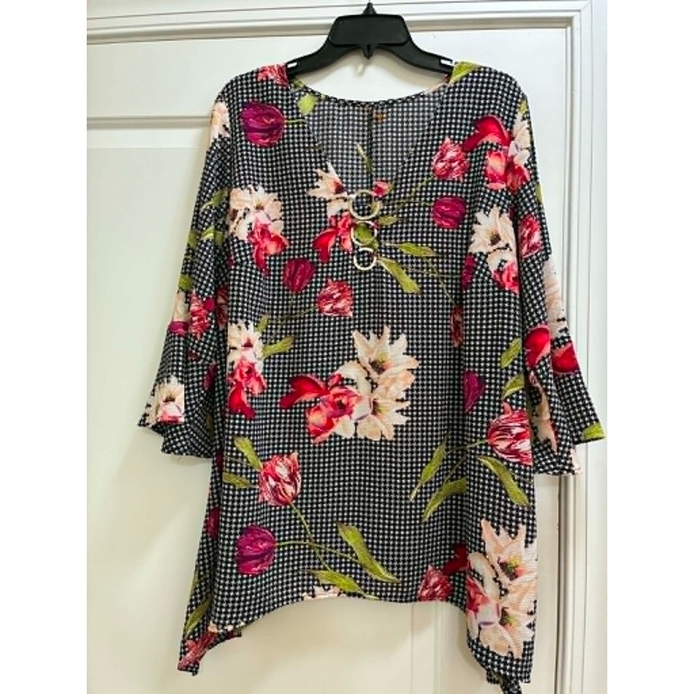 Womens XL Floral Houndstooth Tunic Top Asymmetrical Hem Bell Sleeve Boho Stretch